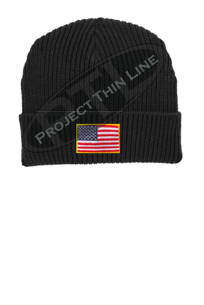 Black Winter Watch hat embroidered with the American Flag