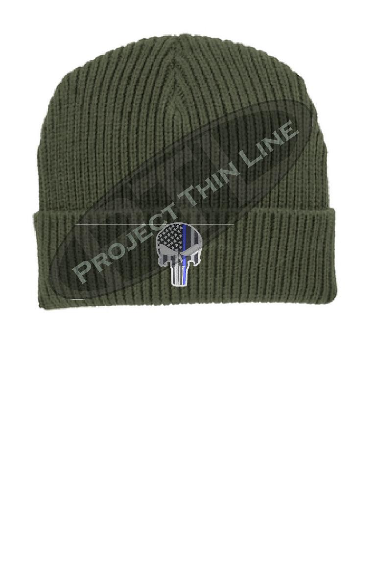 Thin BLUE Line Punisher Skull inlayed with the American Flag Winter Watch Hat
