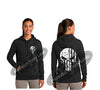 Black Thin SILVER Line Punisher Skull inlayed with the Tattered American Flag Hooded Sweatshirt
