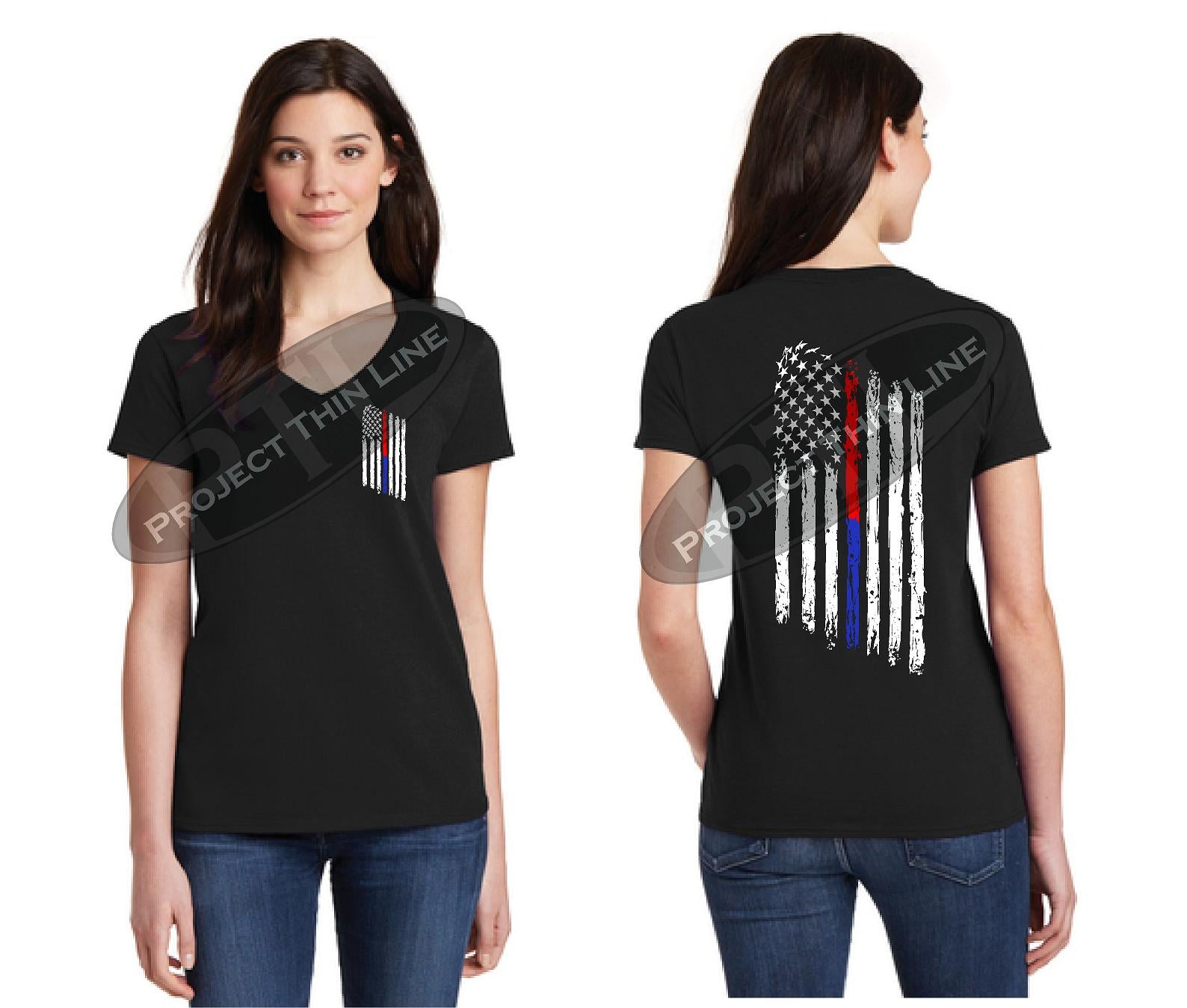 Black Women's Thin Blue / Red Line Tattered Flag Short Sleeve Shirt