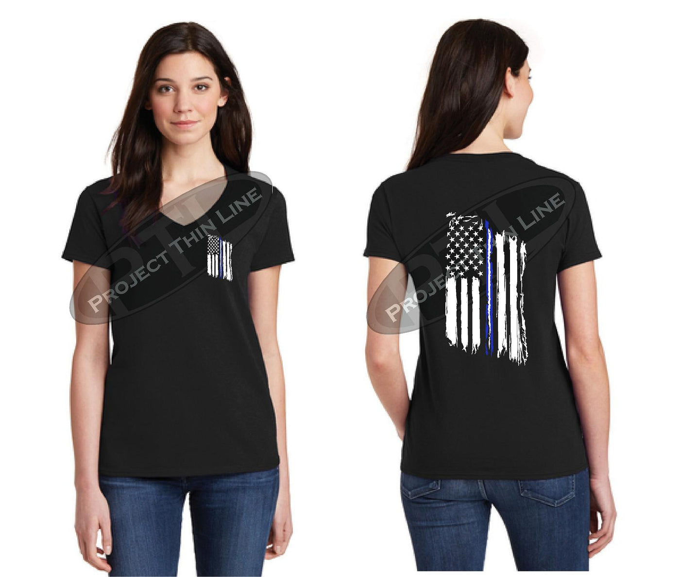 Women's Thin Blue / White Line Tattered American Flag Short Sleeve Shirt