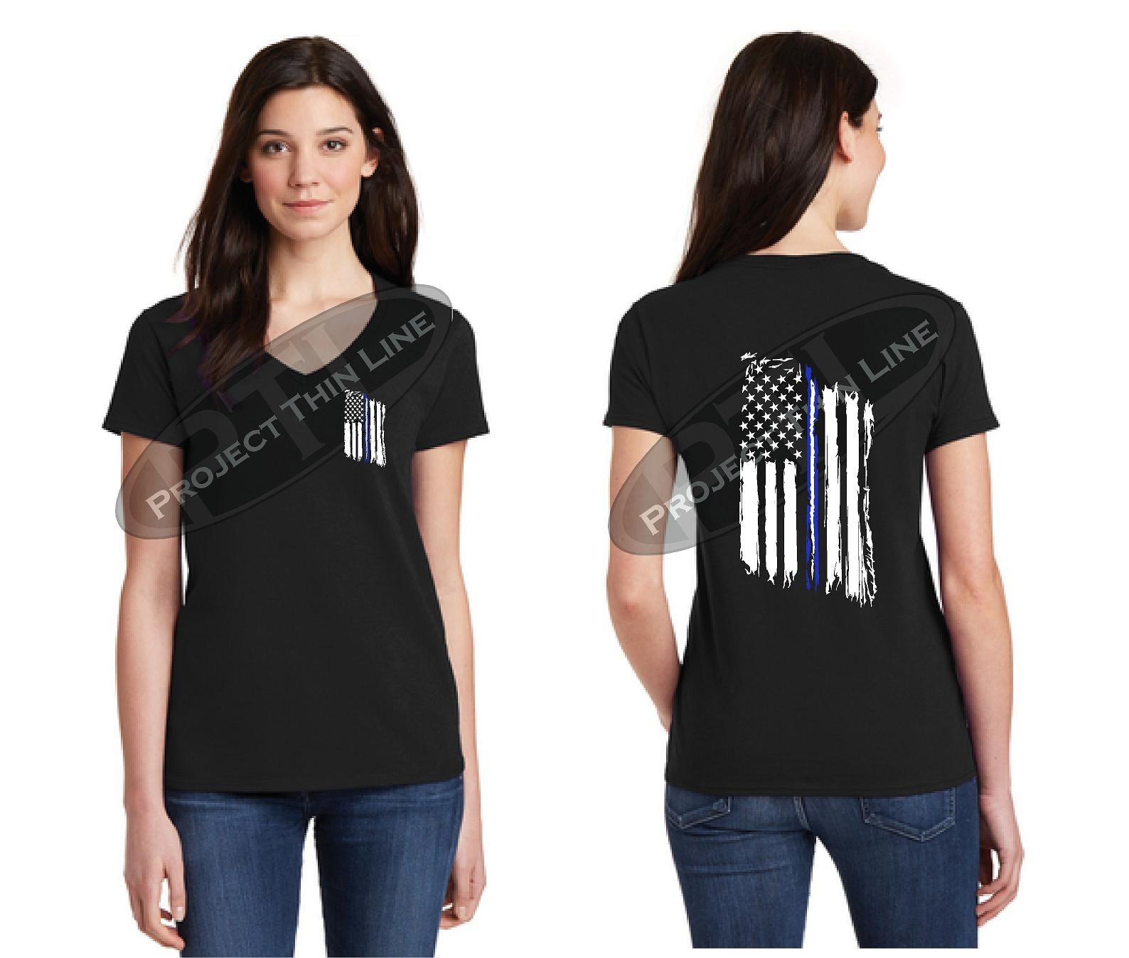 Women's Thin Blue / White Line Tattered American Flag Short Sleeve Shirt