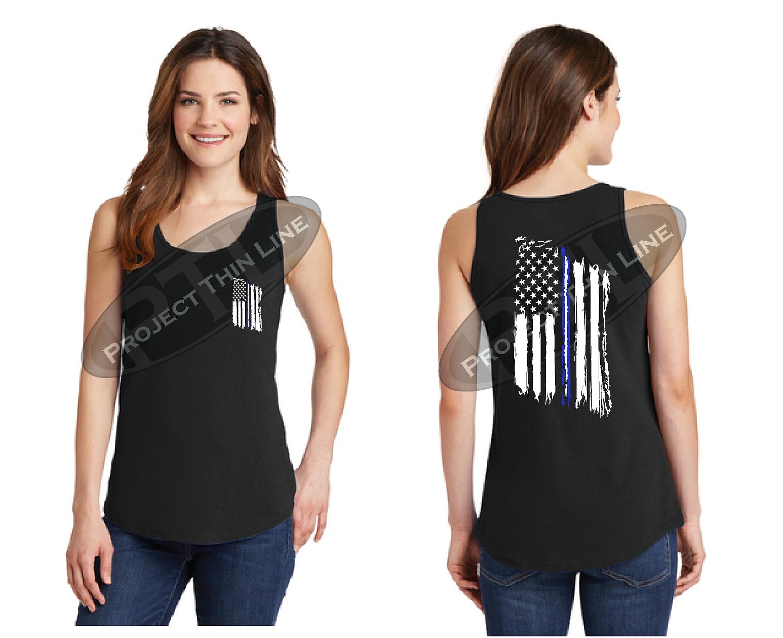 Black Women's Thin Blue / White Line Tattered American Flag Tank Top