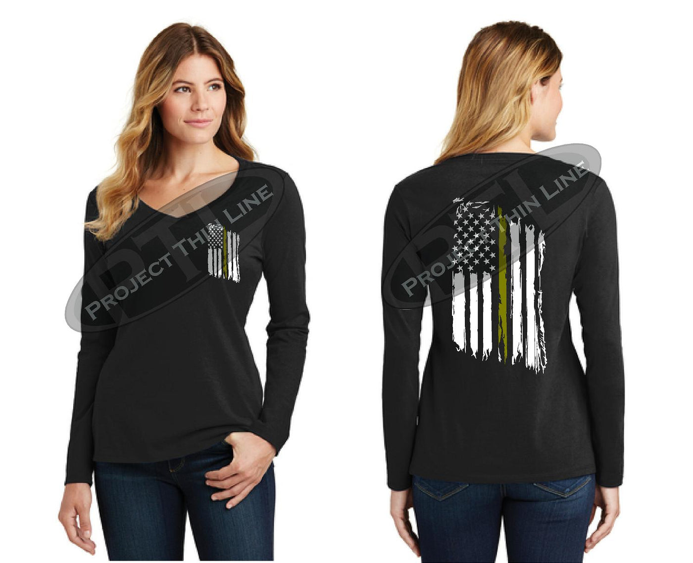 Thin GOLD Line Tattered American Flag V Neck Long Sleeve Shirt