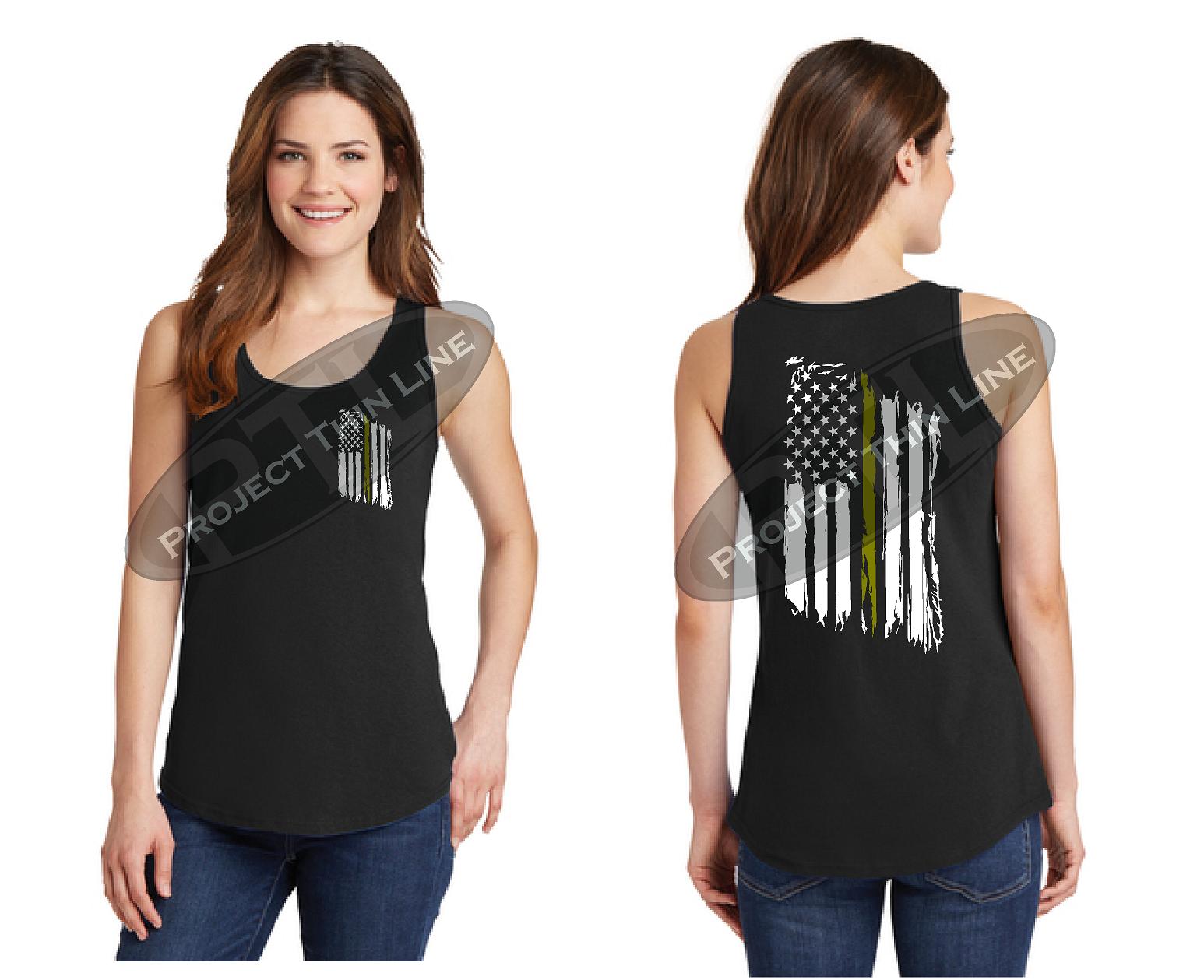 BLACK Women's Thin GOLD Line Tattered American Flag Tank Top