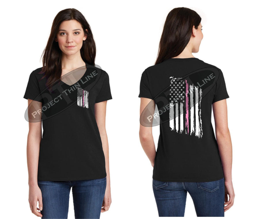Black Women's Thin Pink Line Tattered American Flag V Neck Cap Short Sleeve Shirt