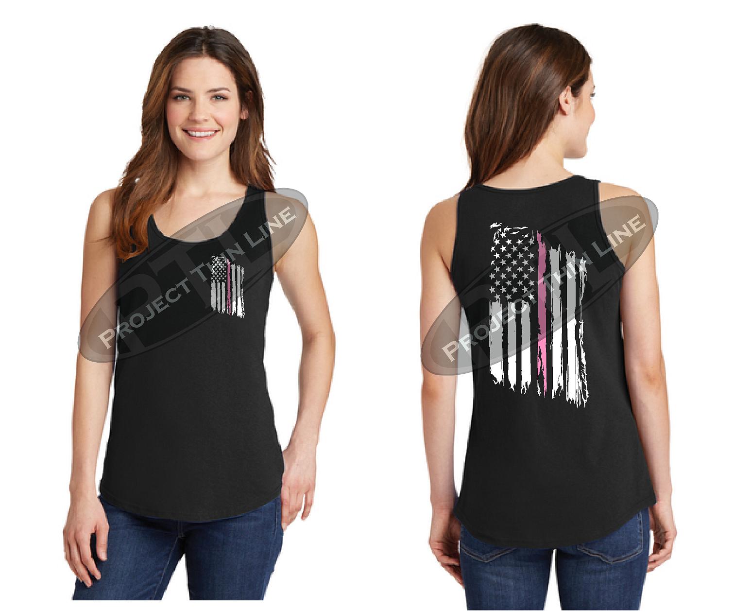 BLACK Women's Thin PINK Line Tattered American Flag Tank Top