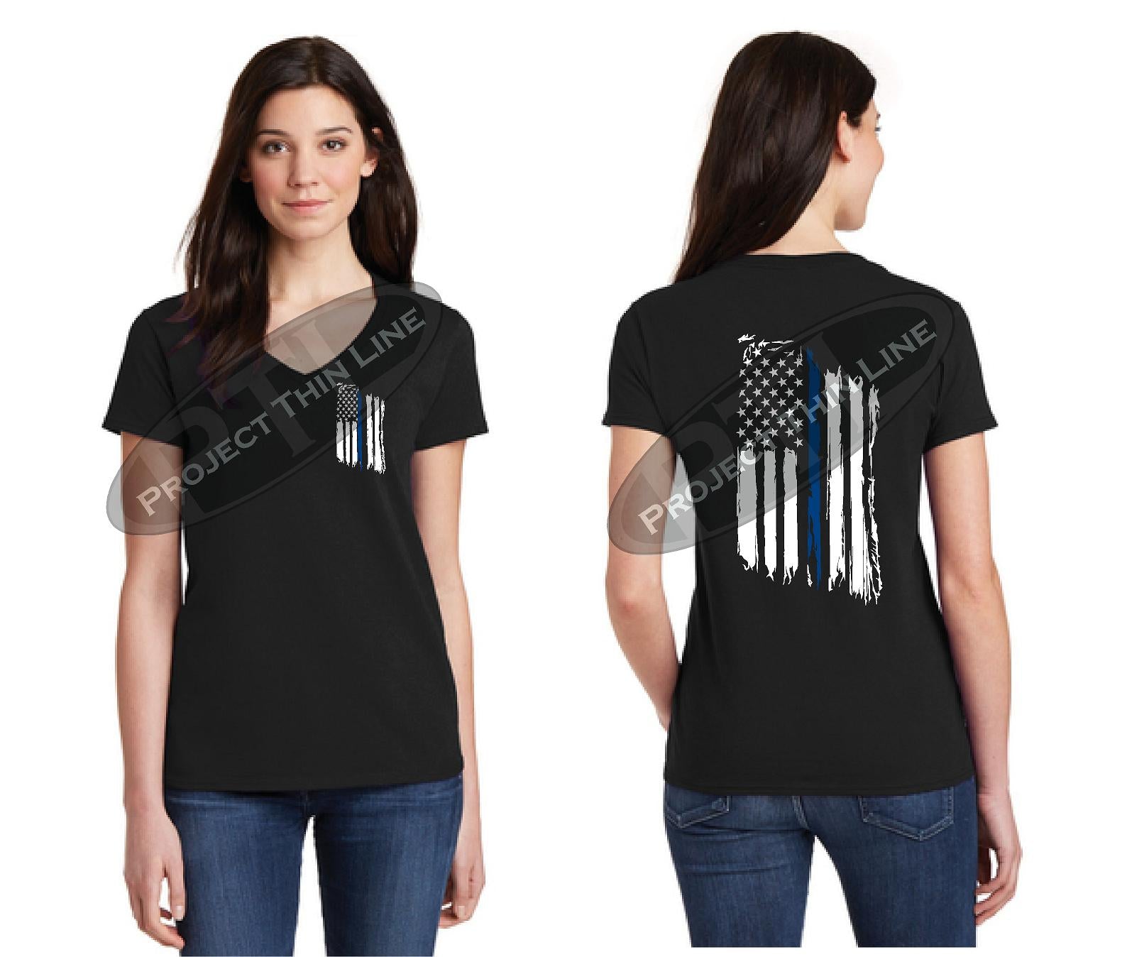 Black V Neck Cap Sleeve Shirt - Thin BLUE Line Tattered American Flag