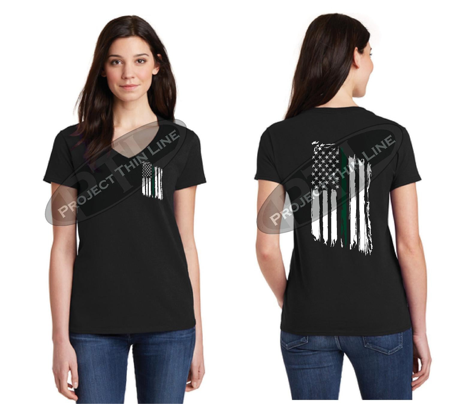 BLACK Women's Thin GREEN Line Tattered American Flag V Neck Cap Short Sleeve Shirt