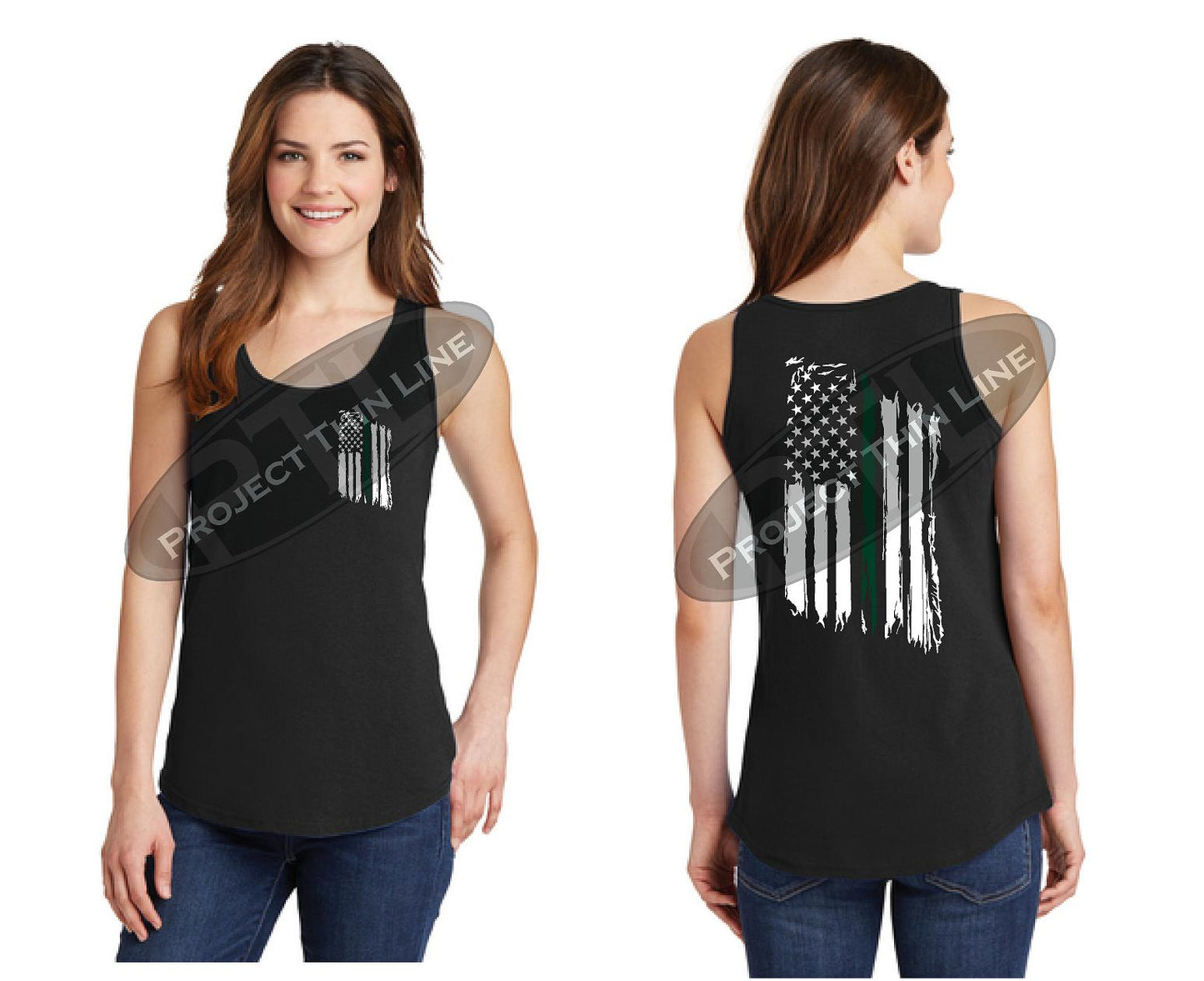 Black Women's Thin GREEN Line Tattered American Flag Tank Top