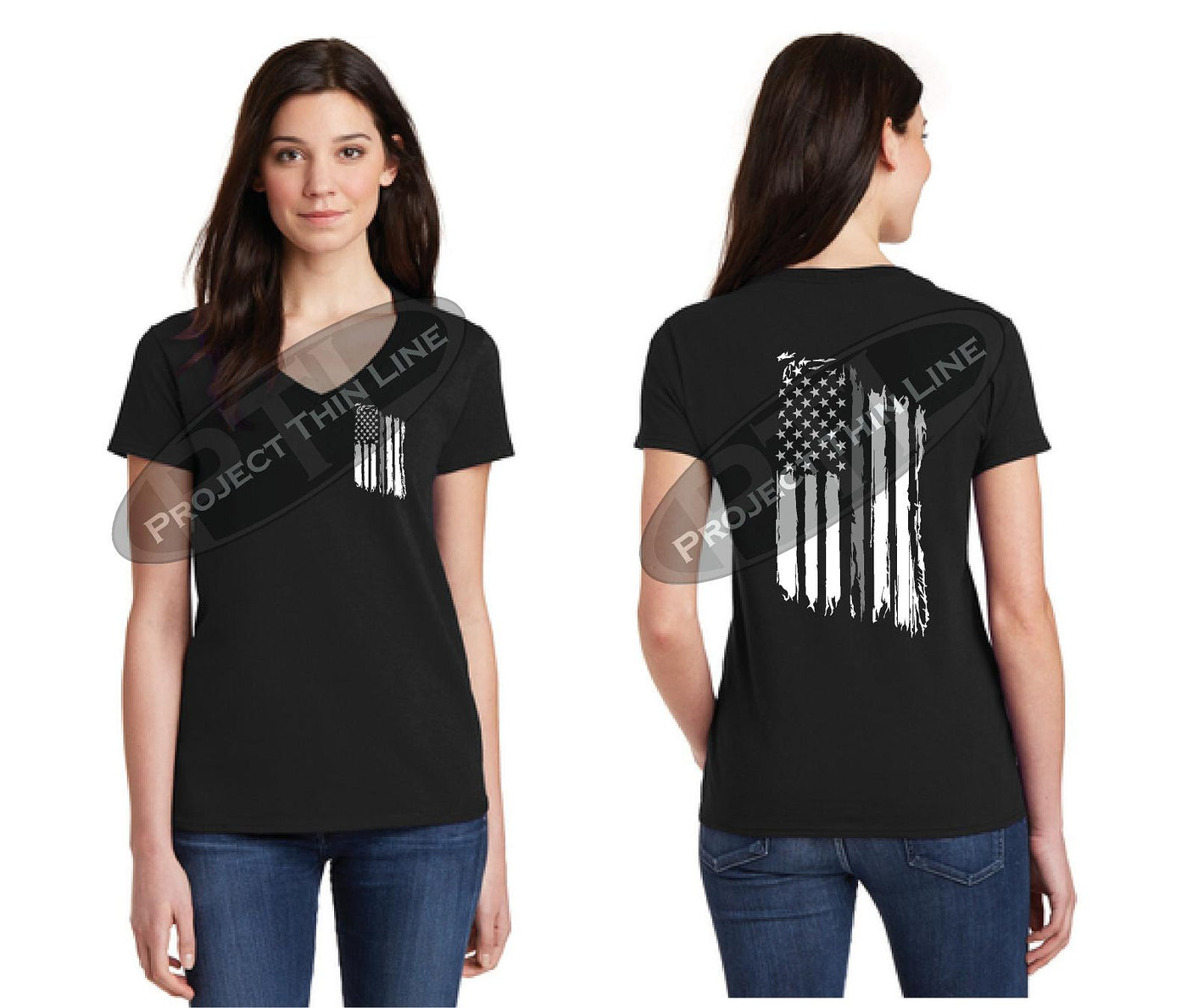 Women's Thin SILVER Line Tattered American Flag V Neck Cap Short Sleeve Shirt