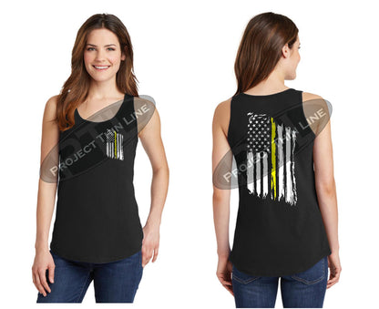 BLACK Women's Thin YELLOW Line Tattered American Flag Tank Top