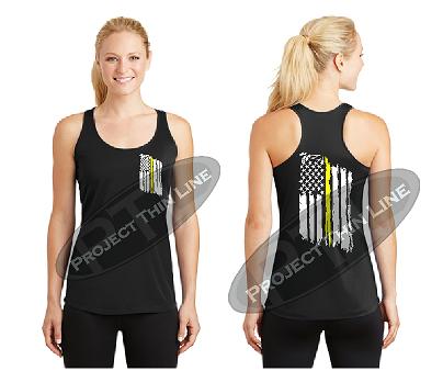 Black Tattered Thin Yellow Line American Flag Racerback Tank Top