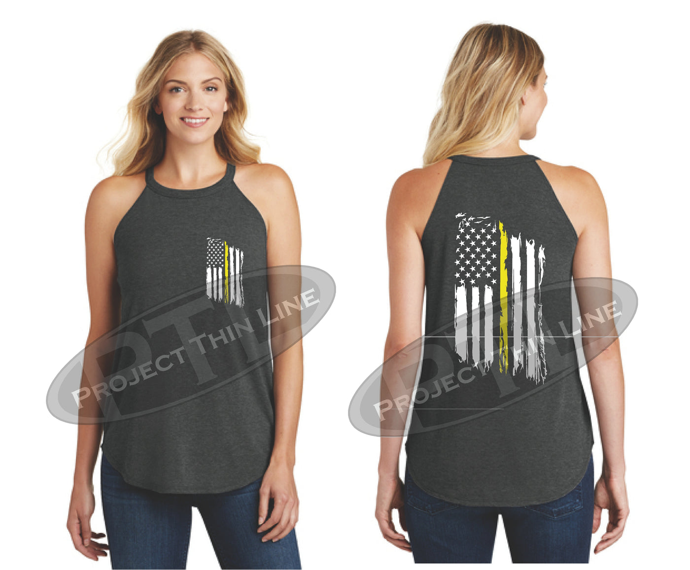 Tattered Thin YELLOW Line American Flag Rocker Tank Top