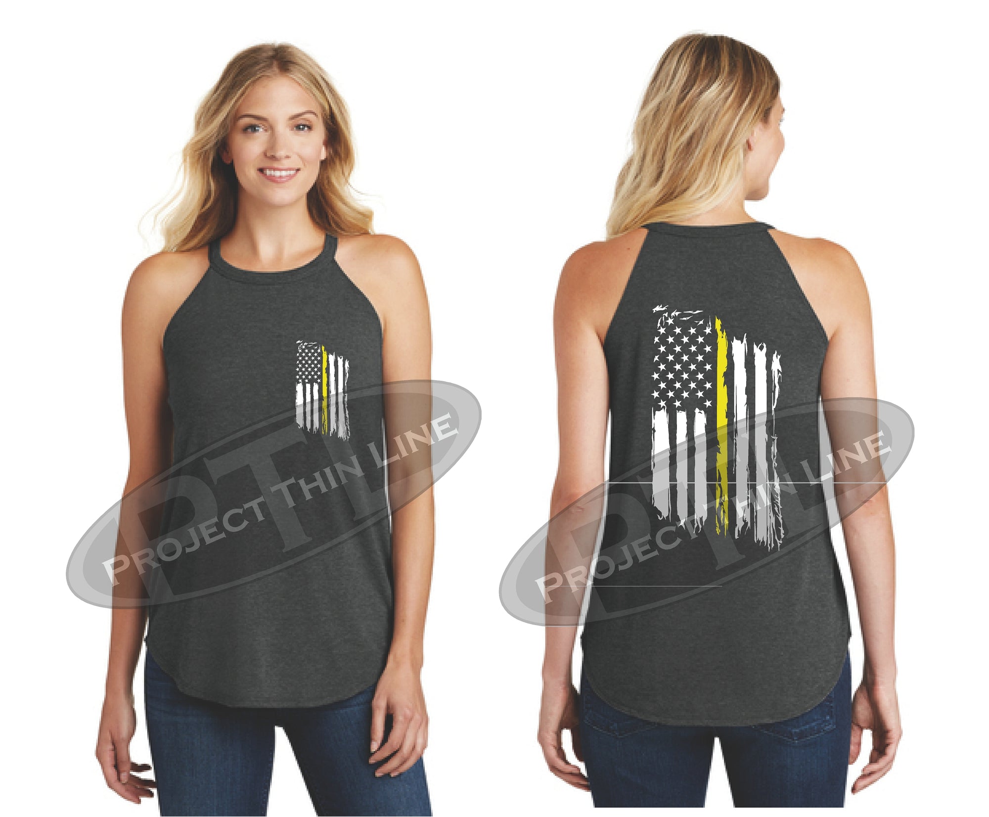Black Tattered Thin YELLOW Line American Flag Rocker Tank Top