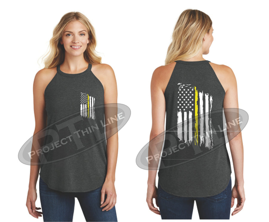 Black Tattered Thin YELLOW Line American Flag Rocker Tank Top