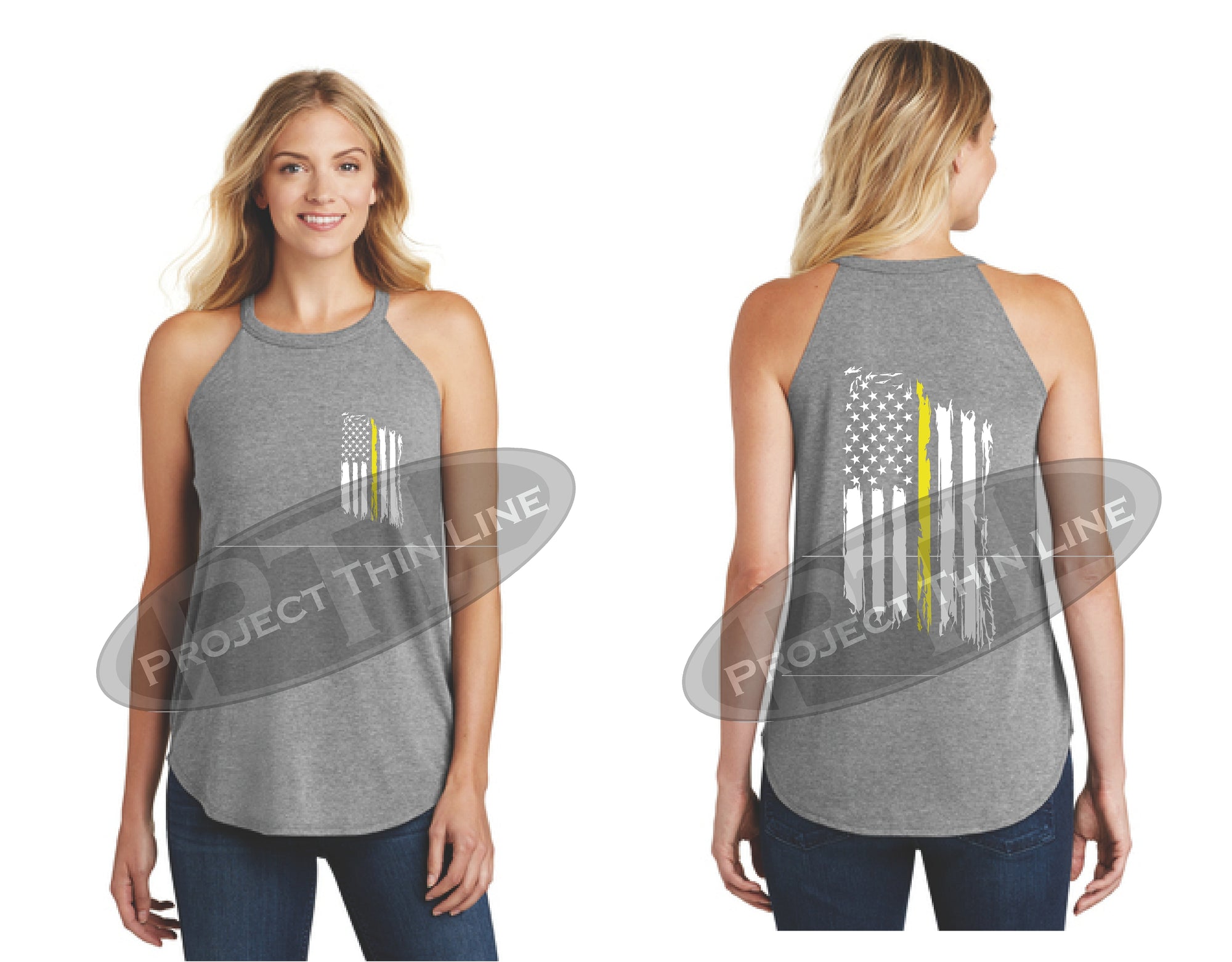 Light Grey Tattered Thin YELLOW Line American Flag Rocker Tank Top
