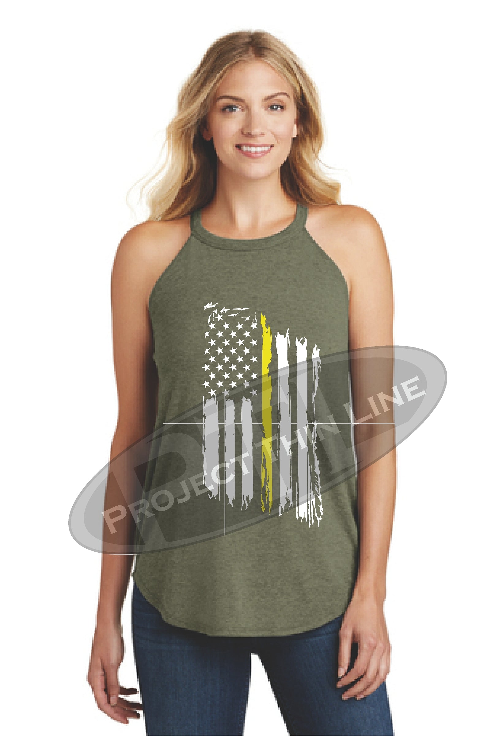 OD Green Tattered Thin YELLOW Line American Flag Rocker Tank Top