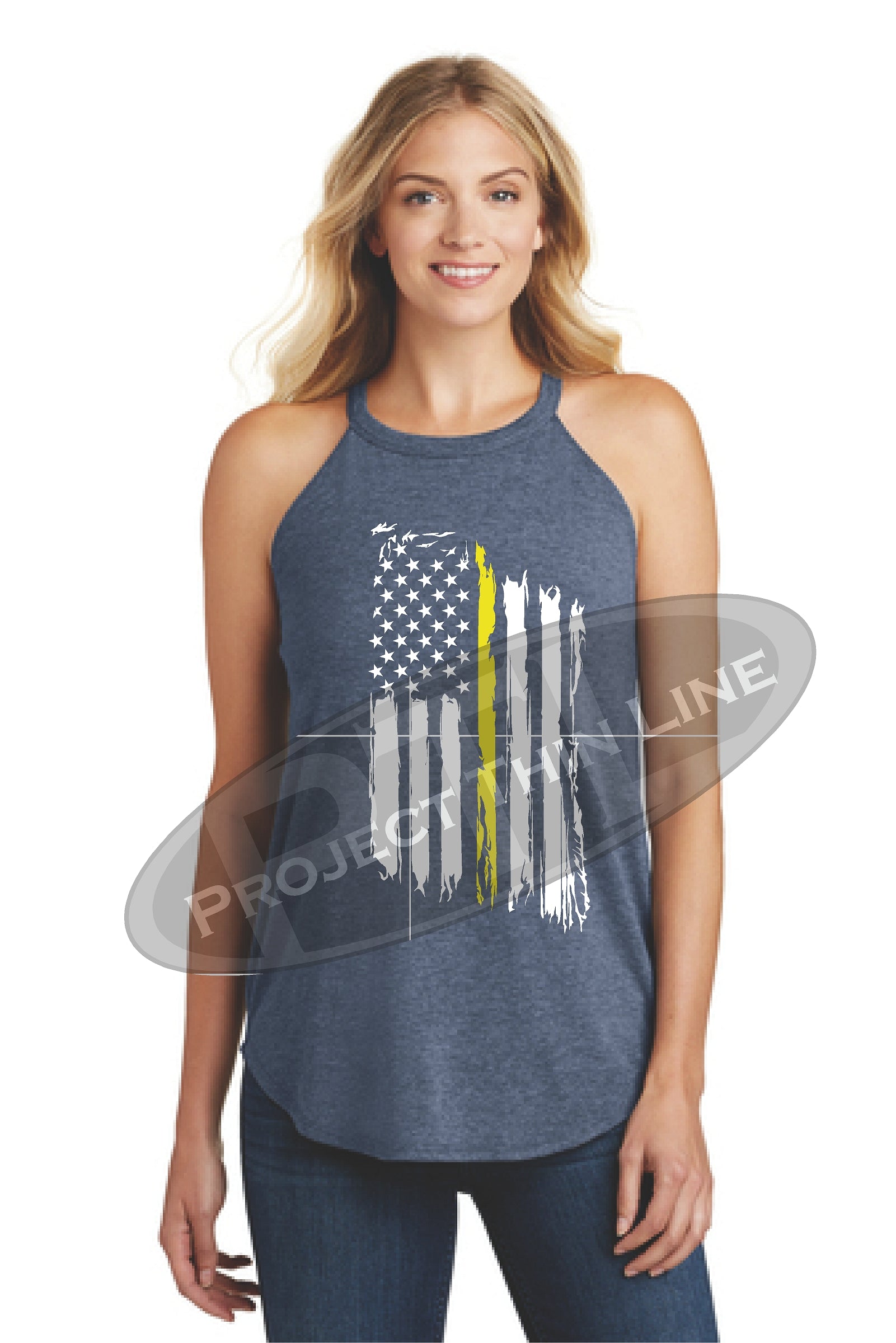 Navy Tattered Thin YELLOW Line American Flag Rocker Tank Top