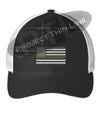 Black / White Embroidered Thin Yellow Line American Flag Flex Fit Fitted TRUCKER Hat
