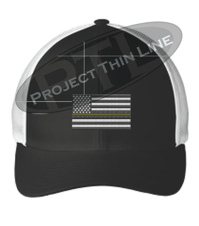 Black / White Embroidered Thin GOLD Line American Flag Flex Fit Fitted TRUCKER Hat