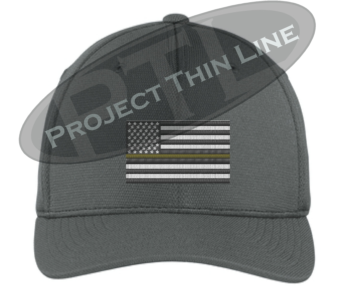 Dark Grey Embroidered Thin Yellow Line American Flag Flex Fit Fitted Hat