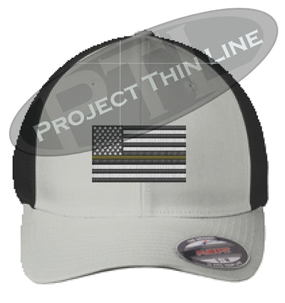 Silver / Black Embroidered Thin GOLD Line American Flag Flex Fit Fitted TRUCKER Hat