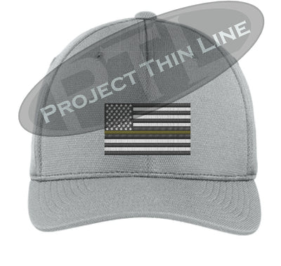 Light Grey Embroidered Thin Yellow Line American Flag Flex Fit Fitted Hat