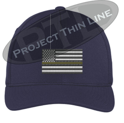 Navy Embroidered Thin Yellow Line American Flag Flex Fit Fitted Hat