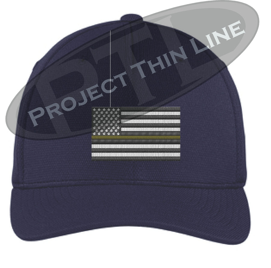 Embroidered Thin GOLD Line American Flag Flex Fit Fitted TRUCKER Hat