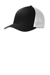 Black / White Embroidered Tactical / Subdued American Flag Flex Fit Fitted TRUCKER Hat