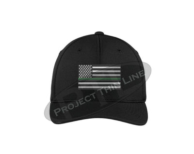 BLACK Embroidered Thin Green Line American Flag Flex Fit Hat
