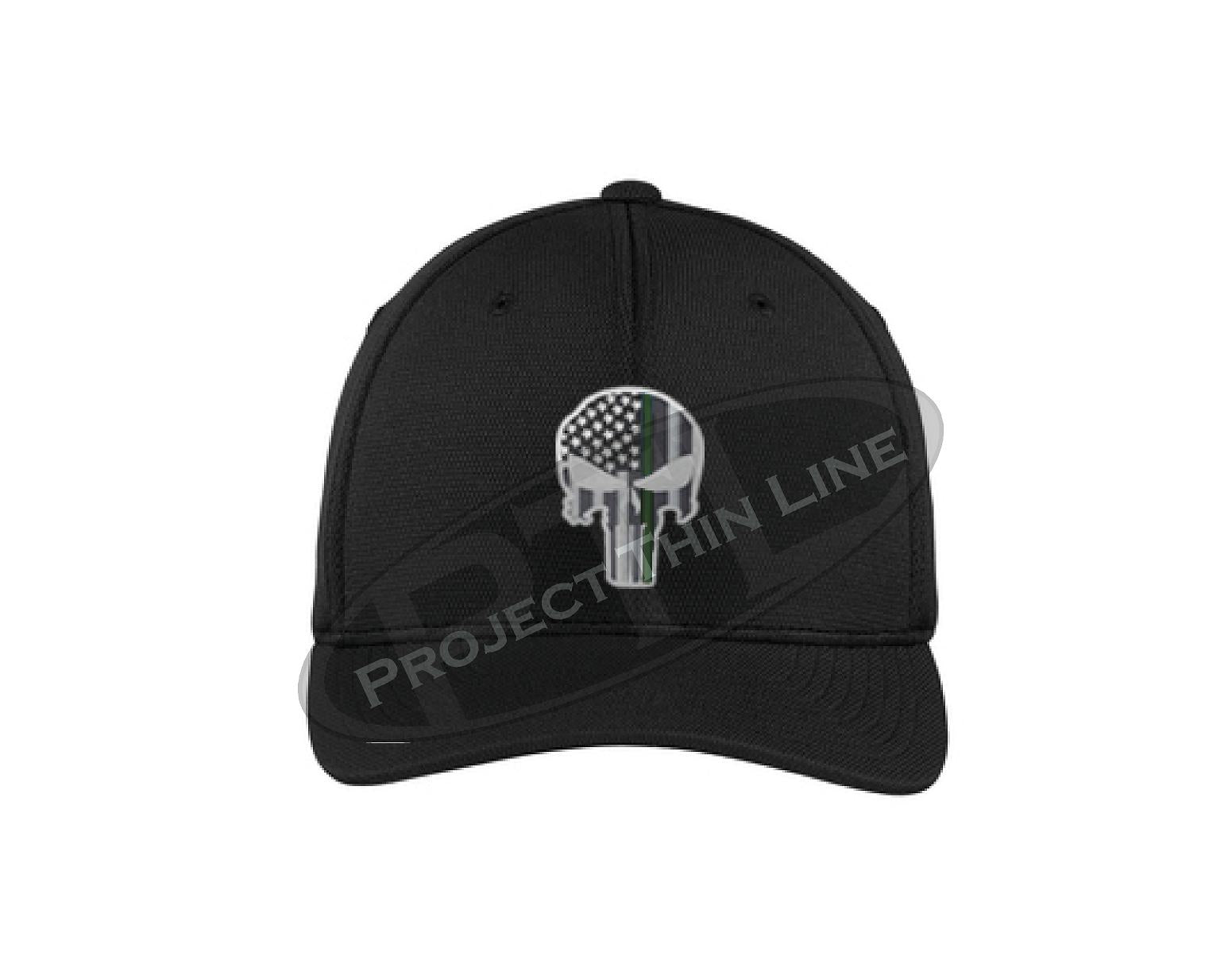 BLACK Embroidered Thin Green Line Skull Flex Fit Hat