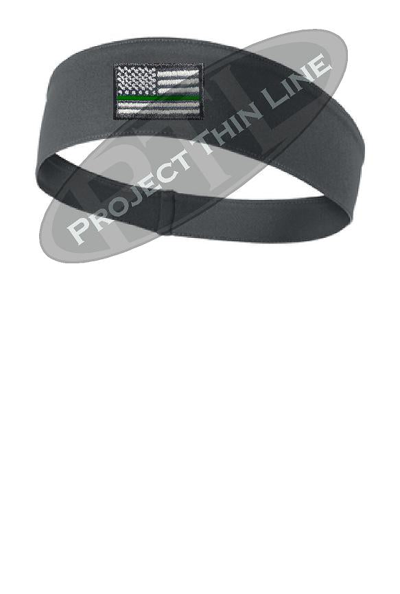 Charcoal Thin Green Line American Flag Moisture Wicking Competitor Headband