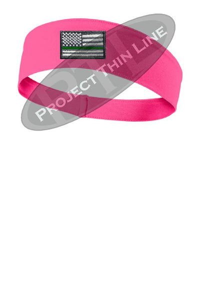 Pink Thin Green Line American Flag Moisture Wicking Competitor Headband