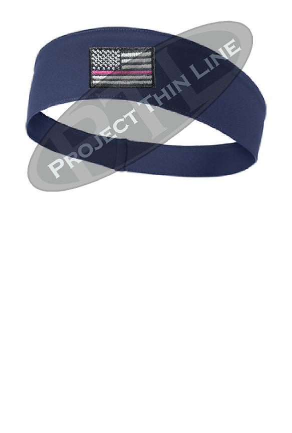 Navy Thin Pink Line American Flag Moisture Wicking Competitor Headband