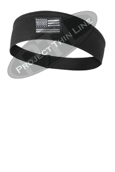 Black Thin Silver Line American Flag Moisture Wicking Competitor Headband