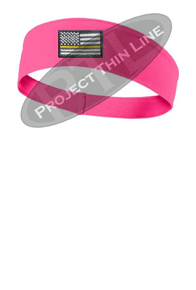 Pink Thin Yellow Line American Flag Moisture Wicking Competitor Headband