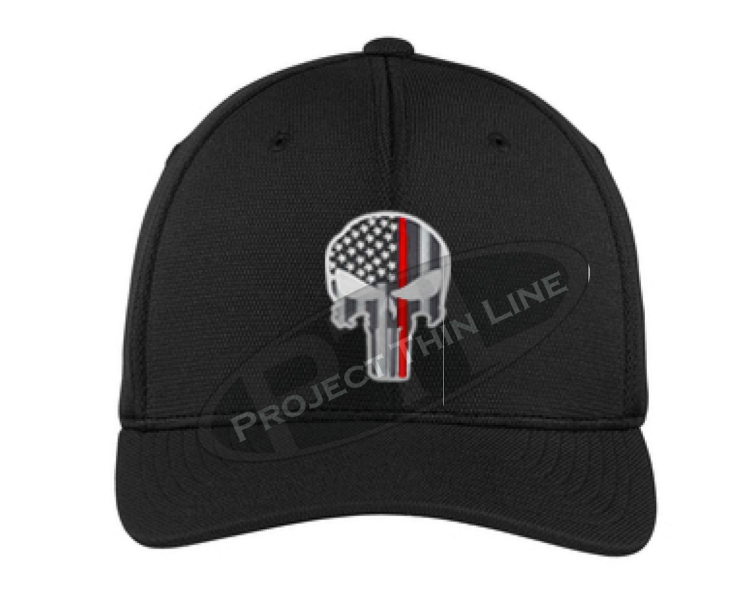 Black Embroidered Thin Red Line Punisher Skull Fitted TRUCKER Flex Fit Hat