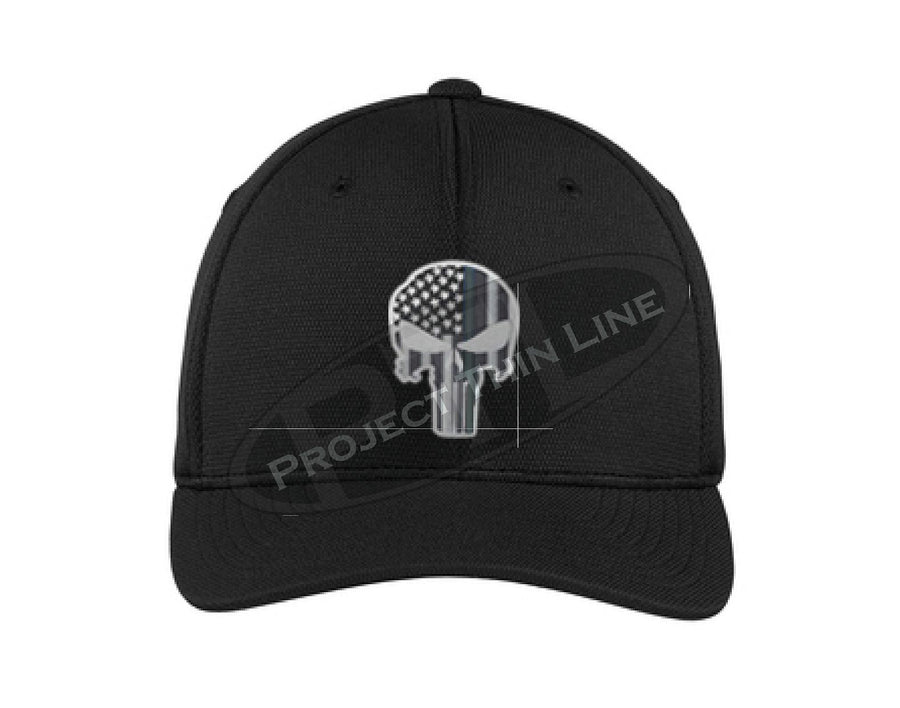 BLACK Embroidered Thin Silver Line Punisher Skull inlayed with the American Flag Flex Fit Fitted Hat